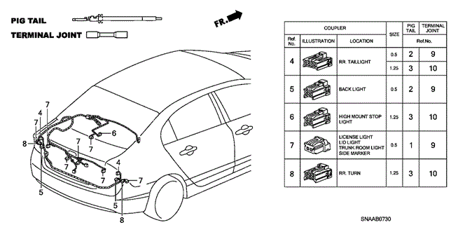 ELECTRICAL / EXHAUST / HEATER / FUEL/ELECTRICAL CONNECTORS (RR.) for 2009 Honda CIVIC SEDAN #1