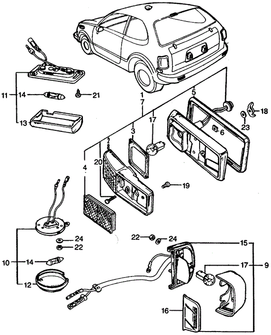 ELECTRICAL / EXHAUST / HEATER / FUEL/FRONT SIDE MARKER - LICENSE LIGHT - INTERIOR LIGHT for 1973 Honda CIVIC 1200 COUPE #1
