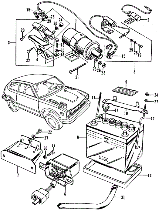 ELECTRICAL / EXHAUST / HEATER / FUEL/IGNITION COIL - BATTERY - REGULATOR for 1973 Honda CIVIC 1200 COUPE #1