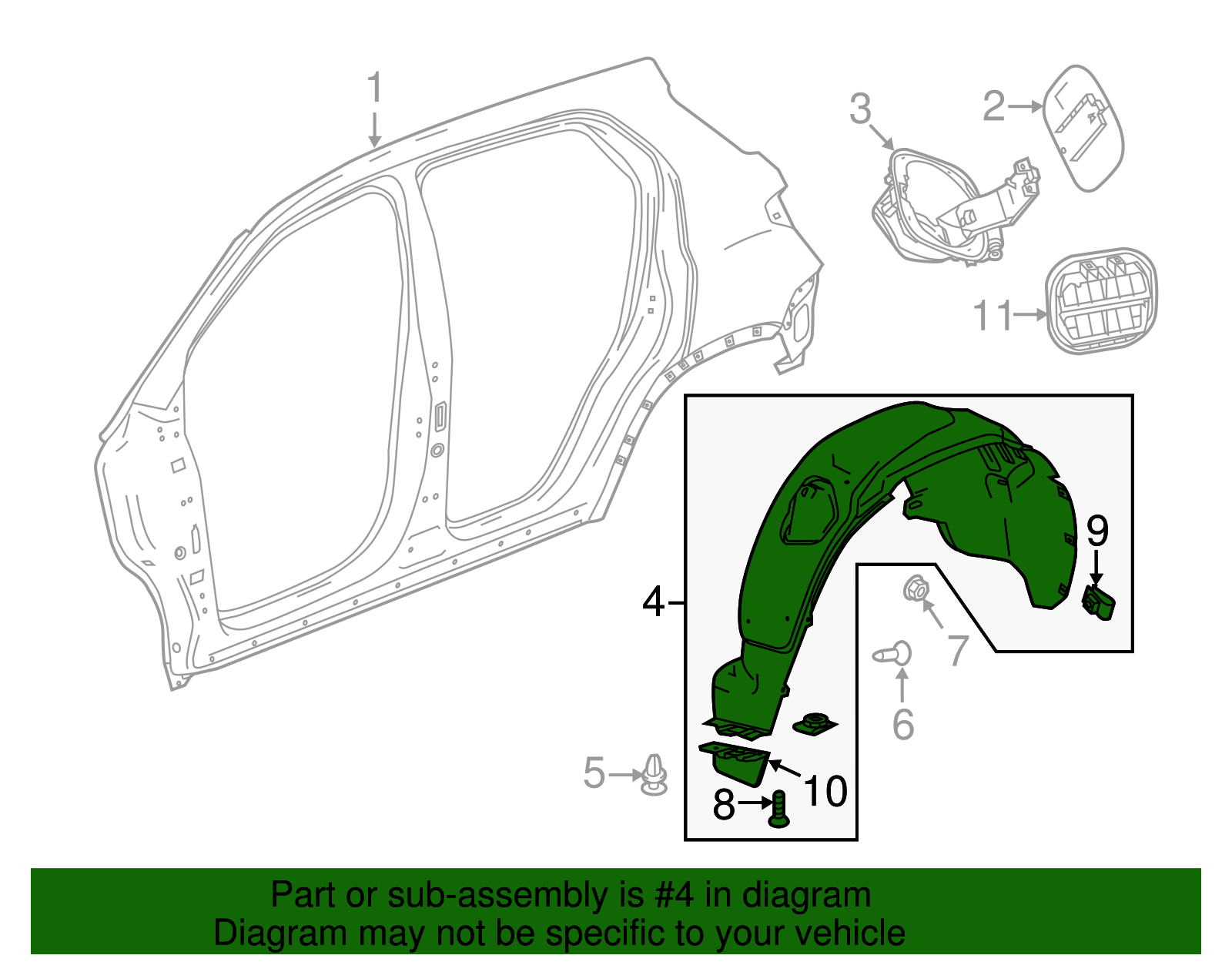 Passenger Side Rear Wheelhouse Liner with Air Deflector, Nuts, and Bolts - GM (95366443)