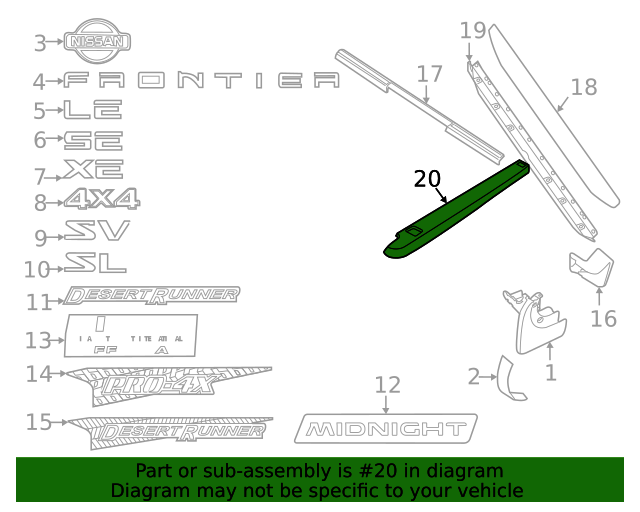 20072021 Nissan Frontier Bed Rail Caps, Long Bed 999T1BR200KC OEM